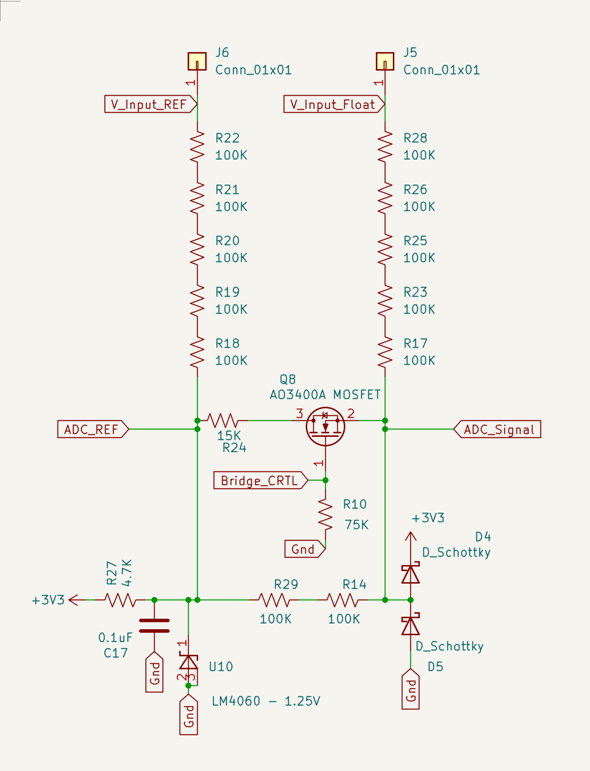 Schematic of the bridge: probe inputs, series resistors, bridge MOSFET Q8, Schottky clamp diodes, and an LM4060 reference.