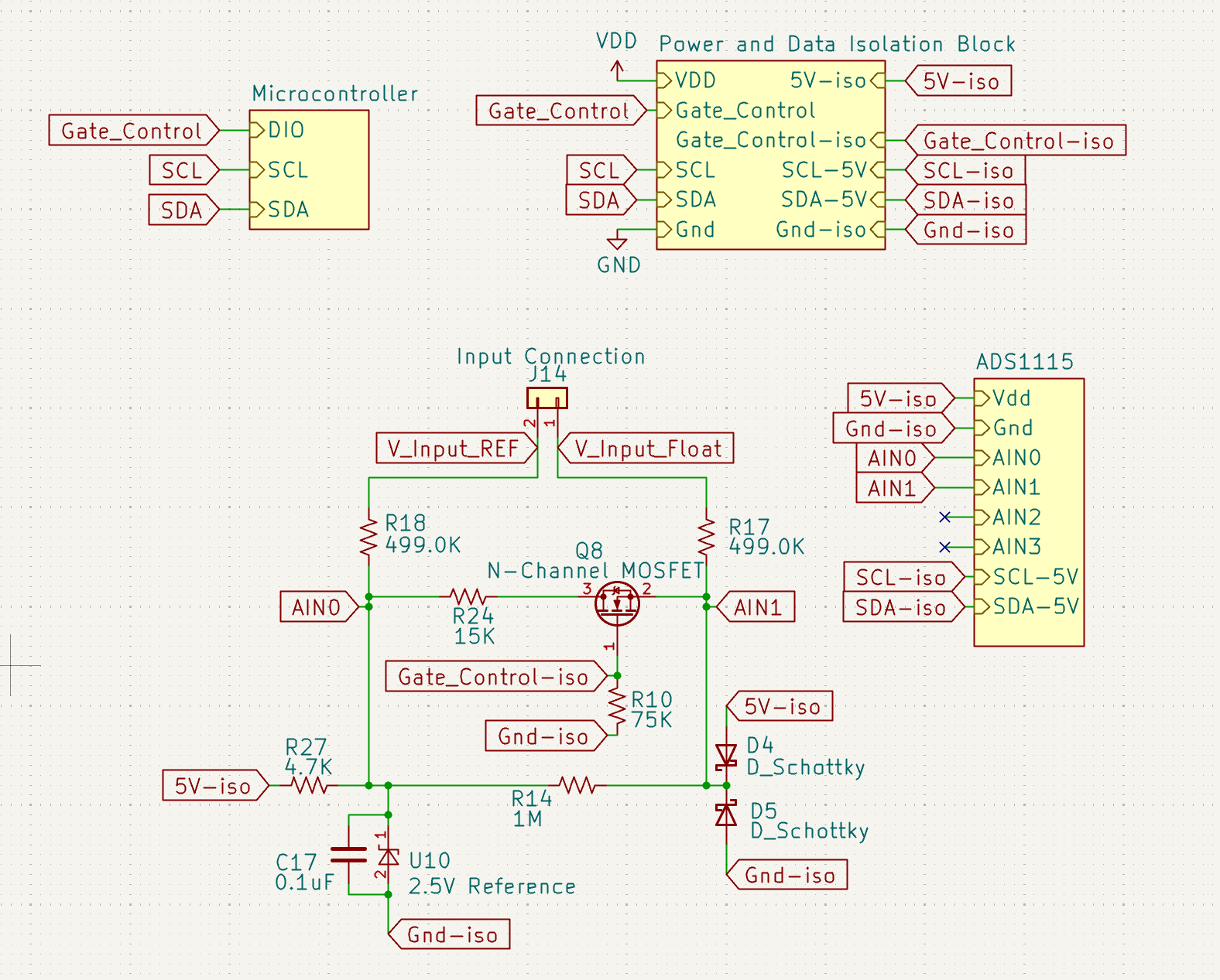 Standalone version schematic with the power/data isolation block, ADS1115 and 2.5 V reference.